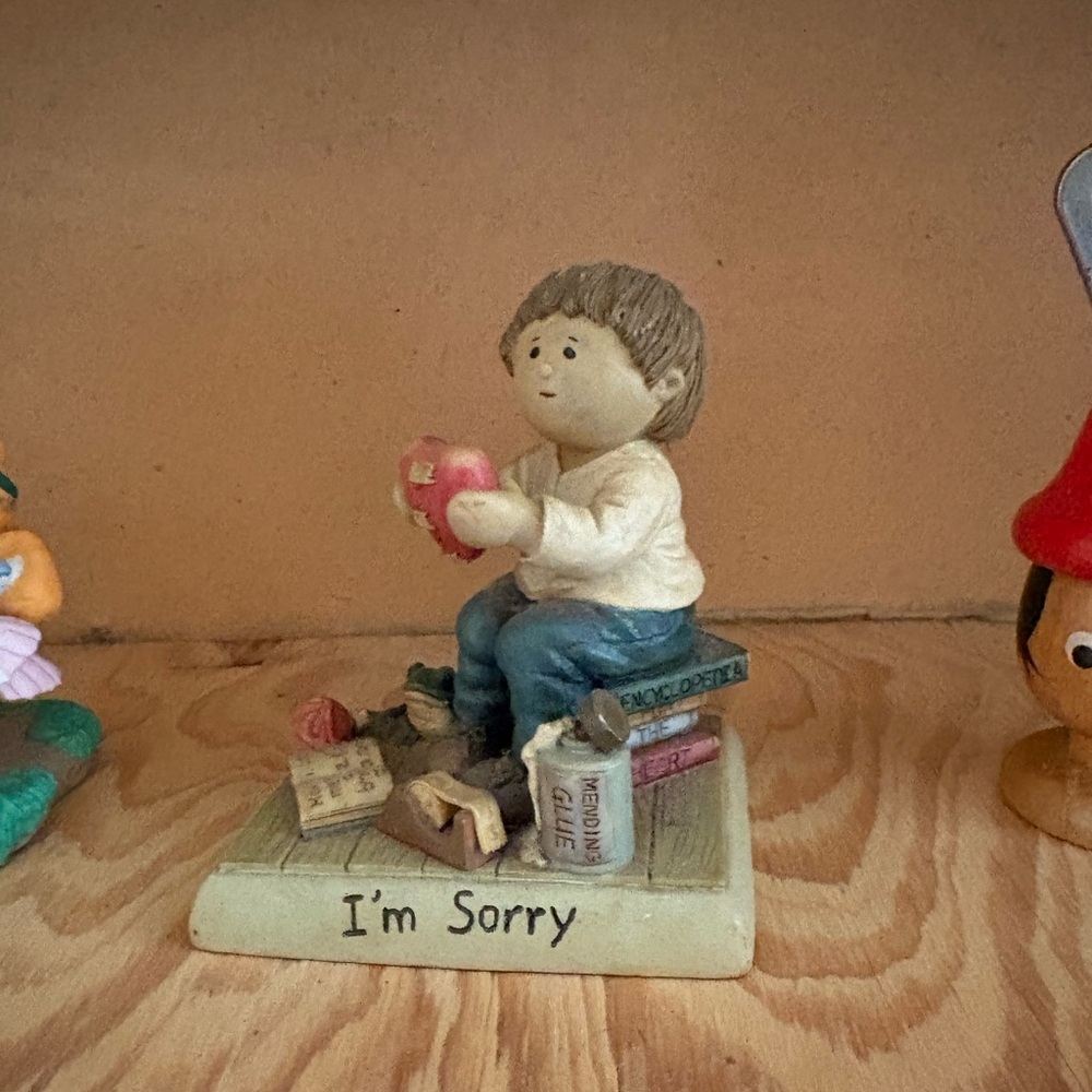 I'm Sorry Figurine Boy Holding Heart - Neutral and Blue